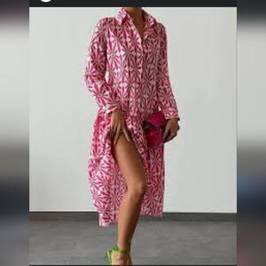 RO'S GARDEN Maxima Balloon 3/4 Sleeve Floral Midi Button Shirt Dress S
